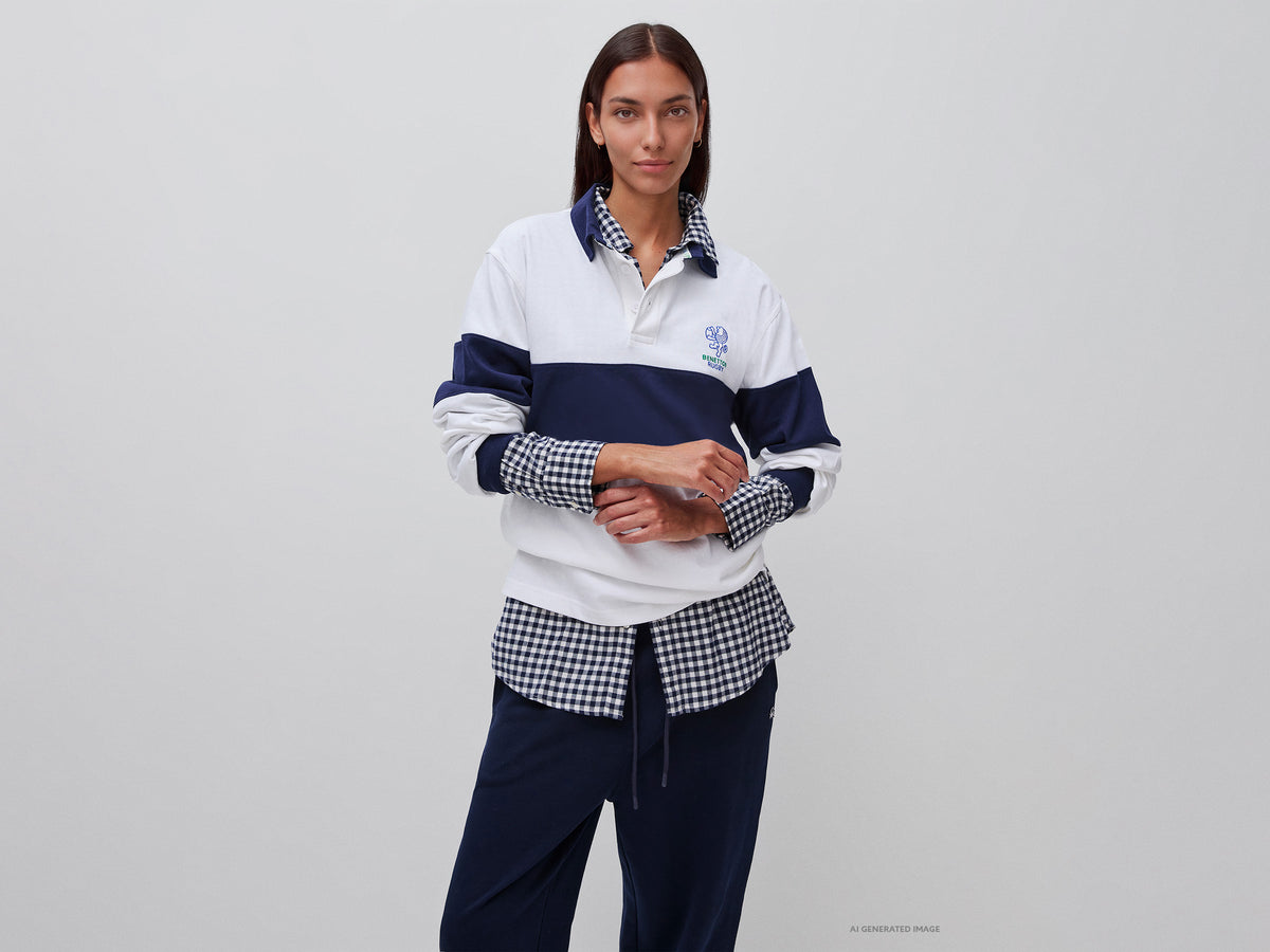 Polo branco e azul Benetton Rugby 100% algodão - ucb_image_FY