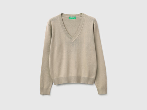 Camisola bege em algodão tricot com decote em V - ucb_image_FS
