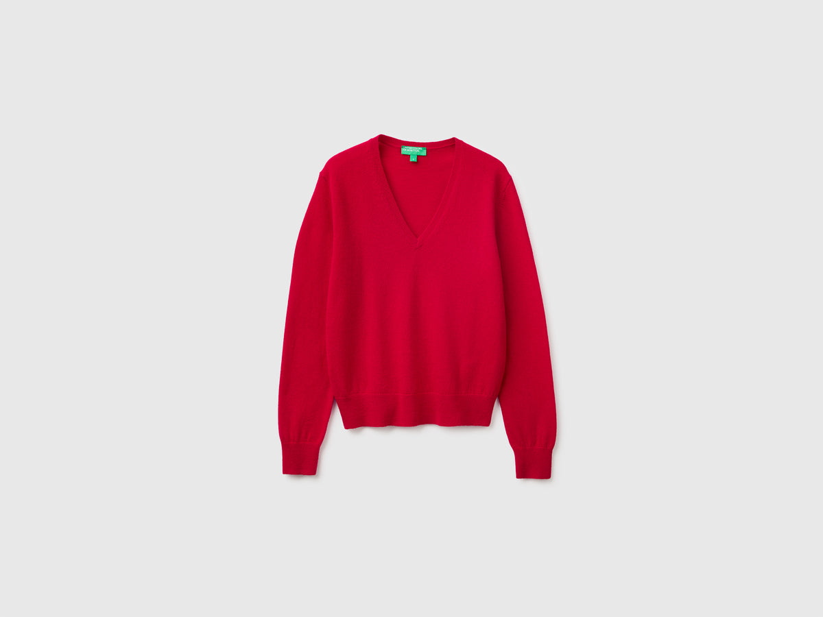 Camisola decote em V vermelho-ameixa em pura lã Merino - ucb_image_FS