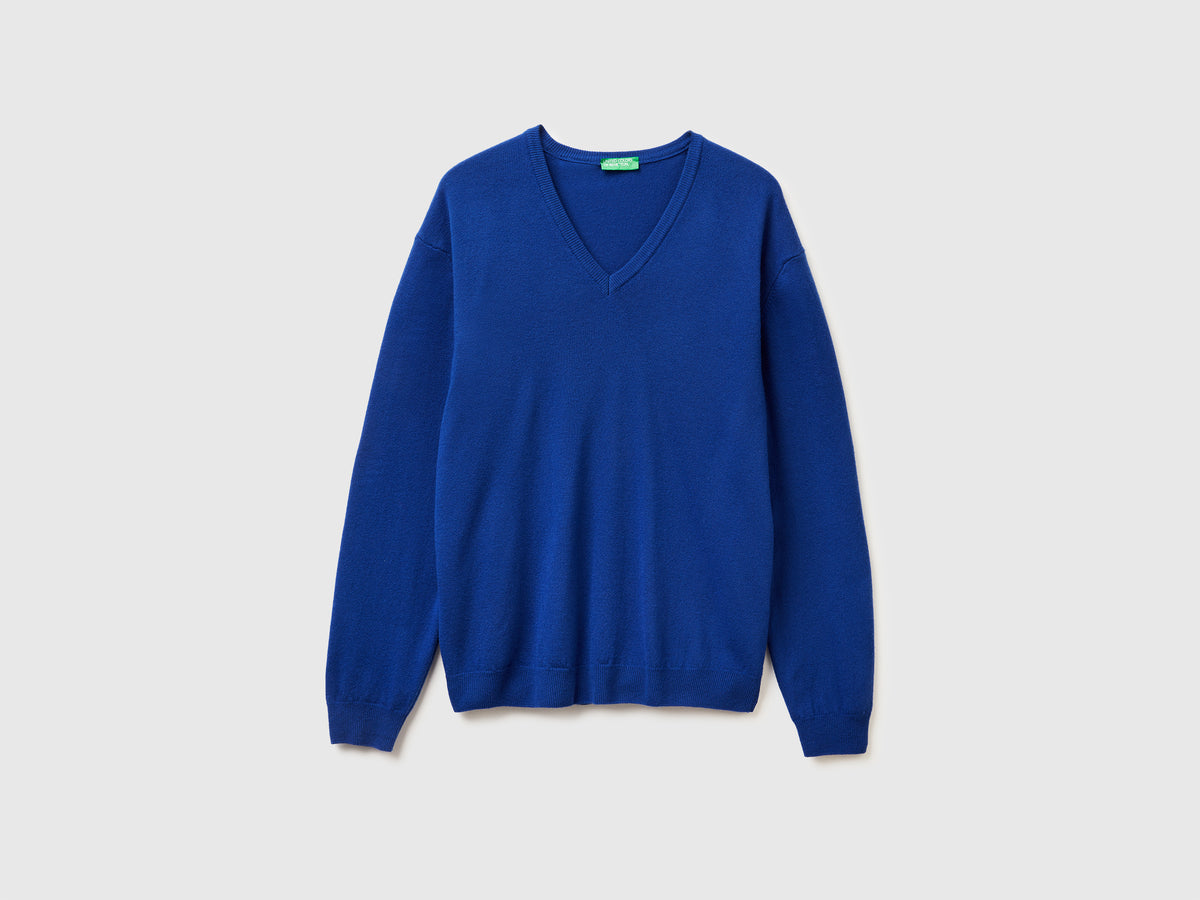 Camisola decote em V azul bluette em pura lã Merino - ucb_image_FS