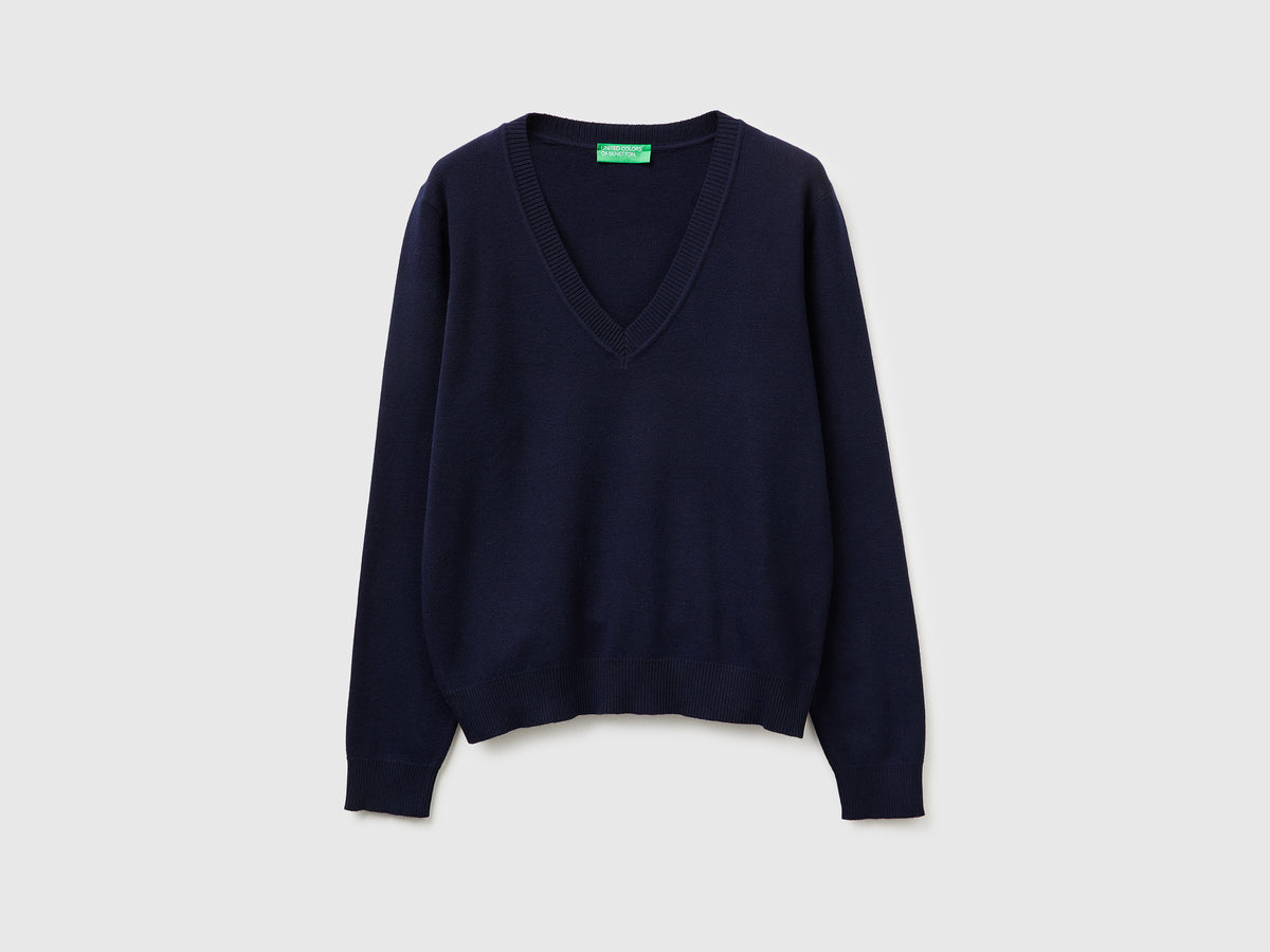 Dark blue V-neck sweater in tricot cotton - ucb_image_FS