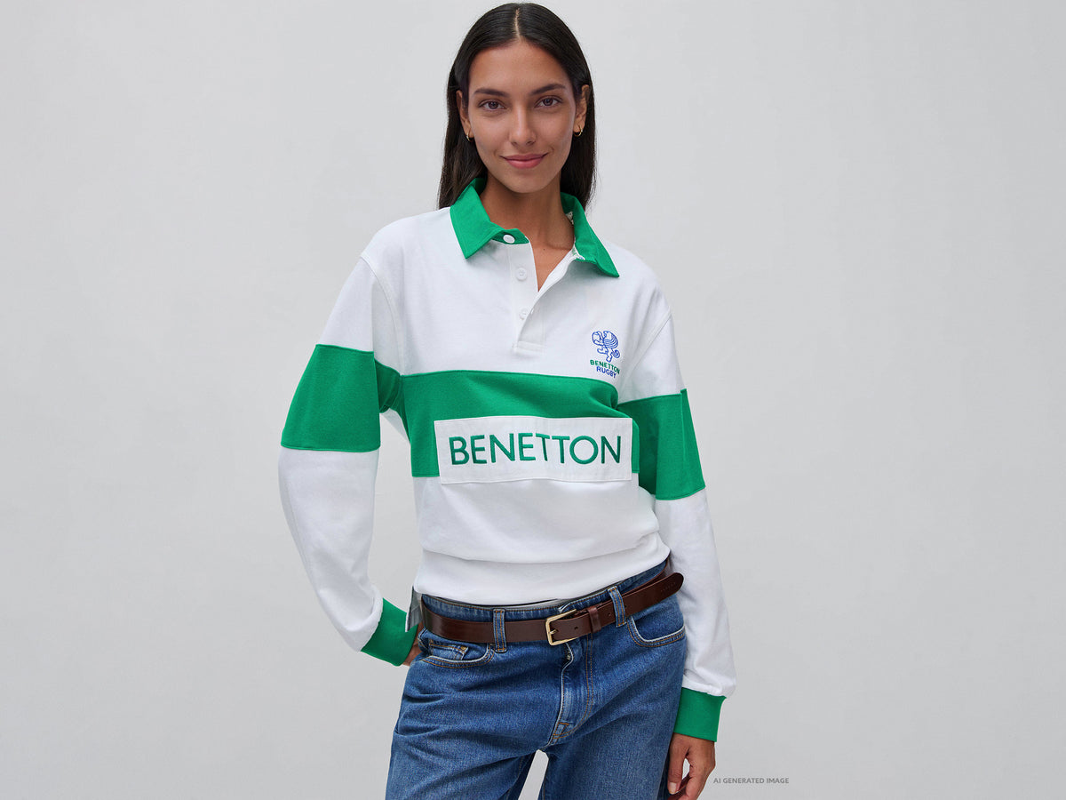 Polo branco e verde Benetton Rugby 100% algodão - ucb_image_FY