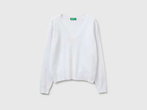 Camisola branca em algodão tricô com decote em V - ucb_image_FS