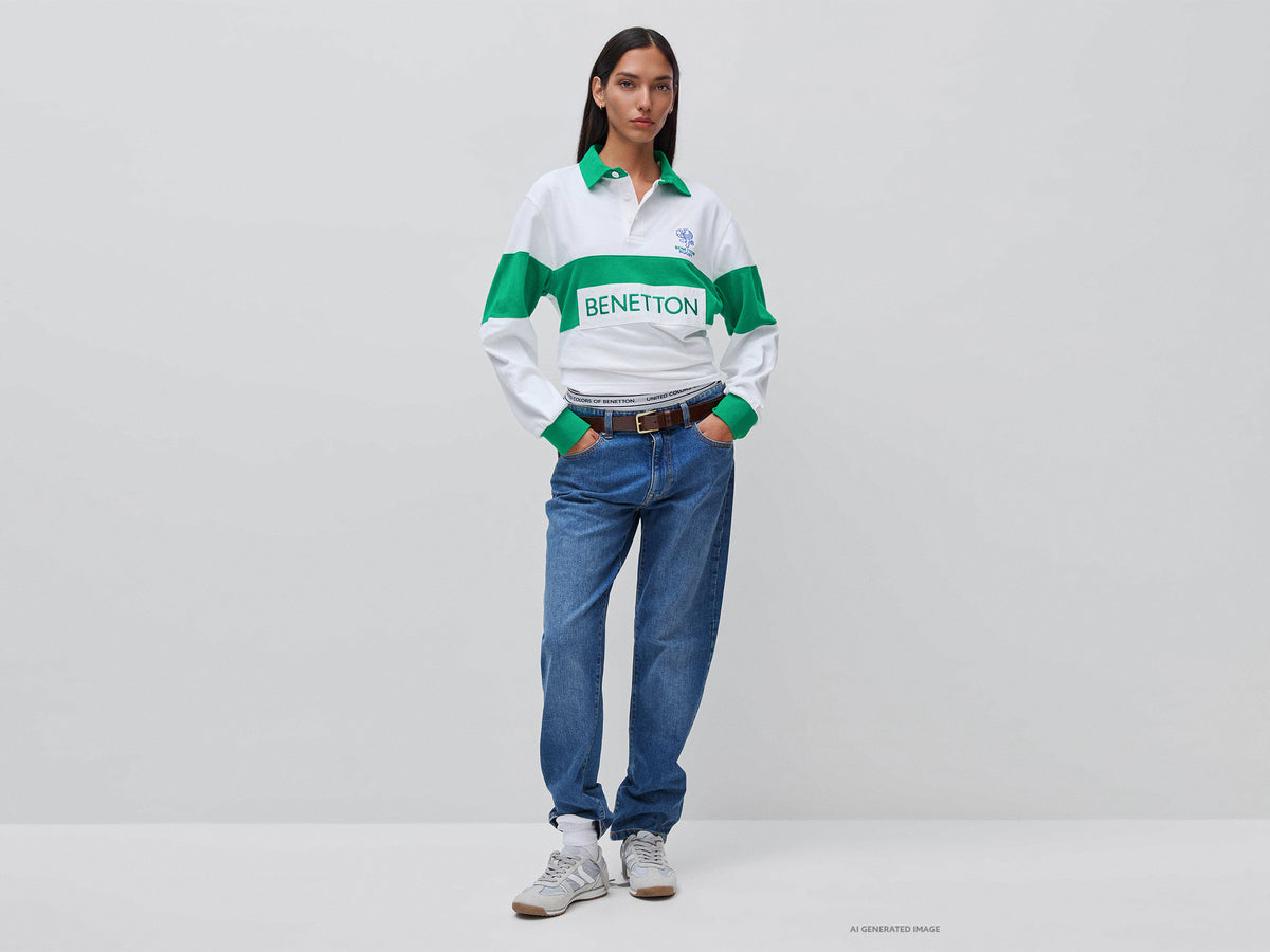 Polo branco e verde Benetton Rugby 100% algodão - ucb_image_F