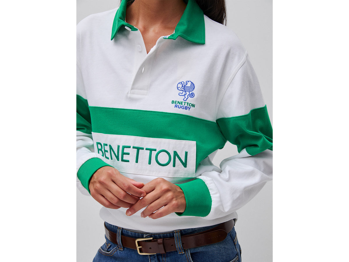 Polo branco e verde Benetton Rugby 100% algodão - ucb_image_FY