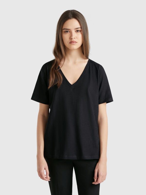 T-shirt decote em V 100% algodão flamé Mulher
