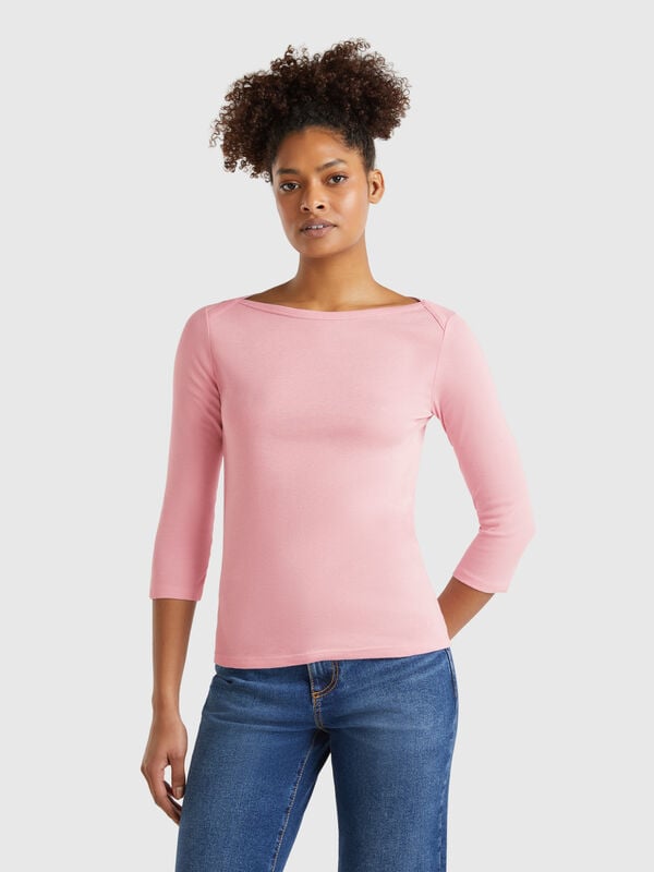 T-shirt com decote à barco 100% algodão Mulher