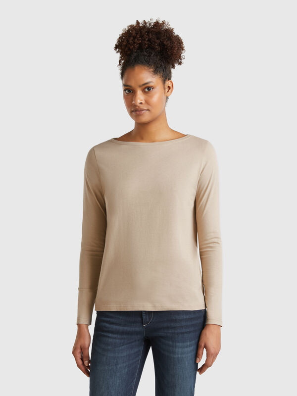 T-shirt com decote à barco 100% algodão Mulher