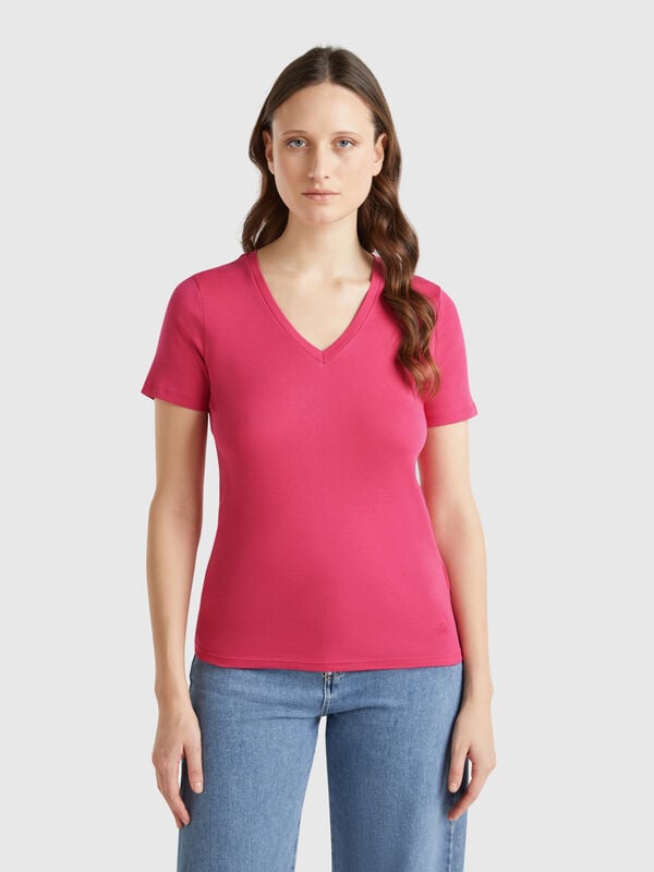 T-shirt magenta em algodão puro com decote em V Mulher