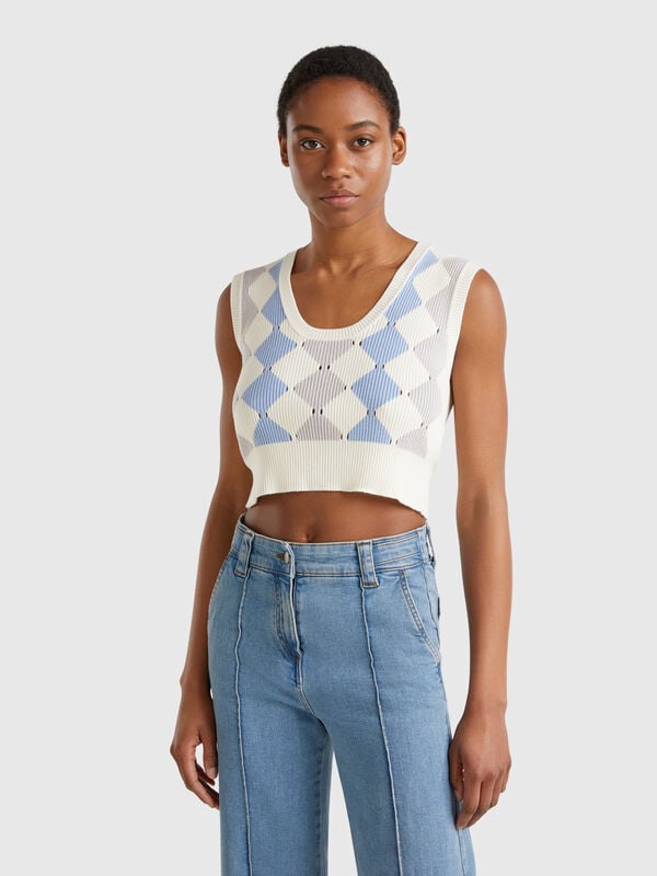 Colete cropped com intársia aos losangos Mulher