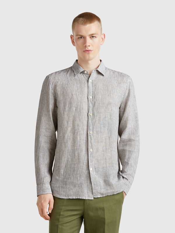 Camisa às riscas verde e branco em linho puro Homem