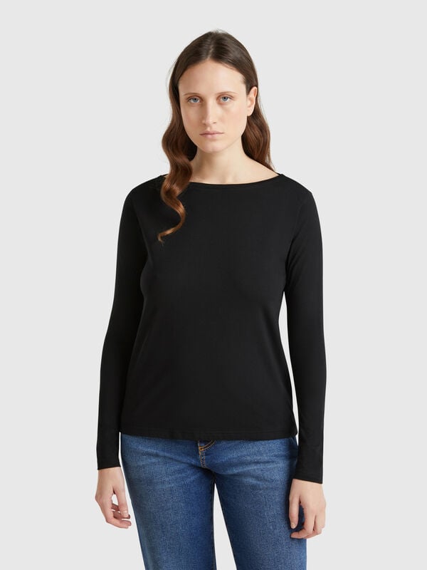 T-shirt com decote à barco 100% algodão Mulher