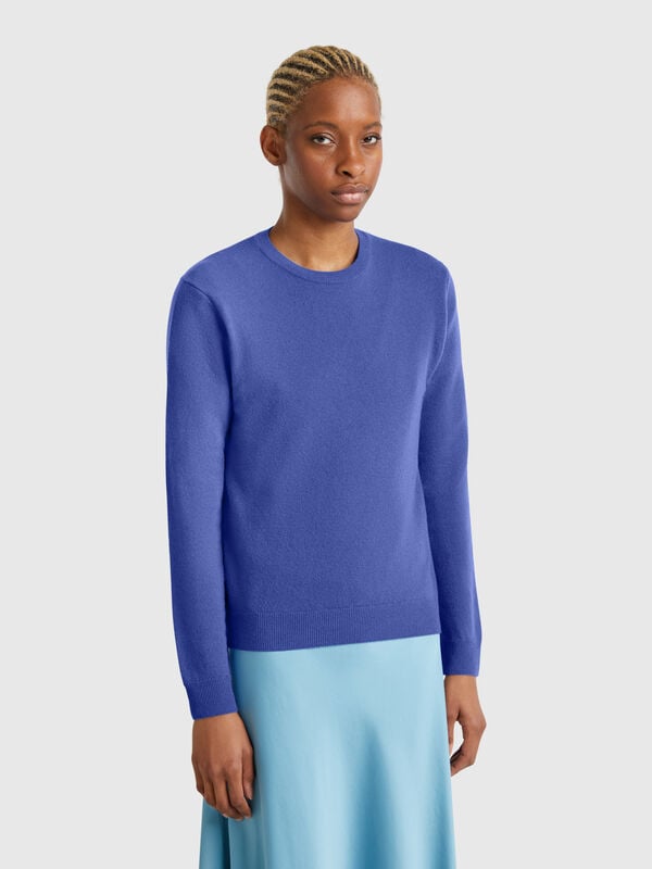 Camisola de gola redonda bluette em lã Merino Mulher