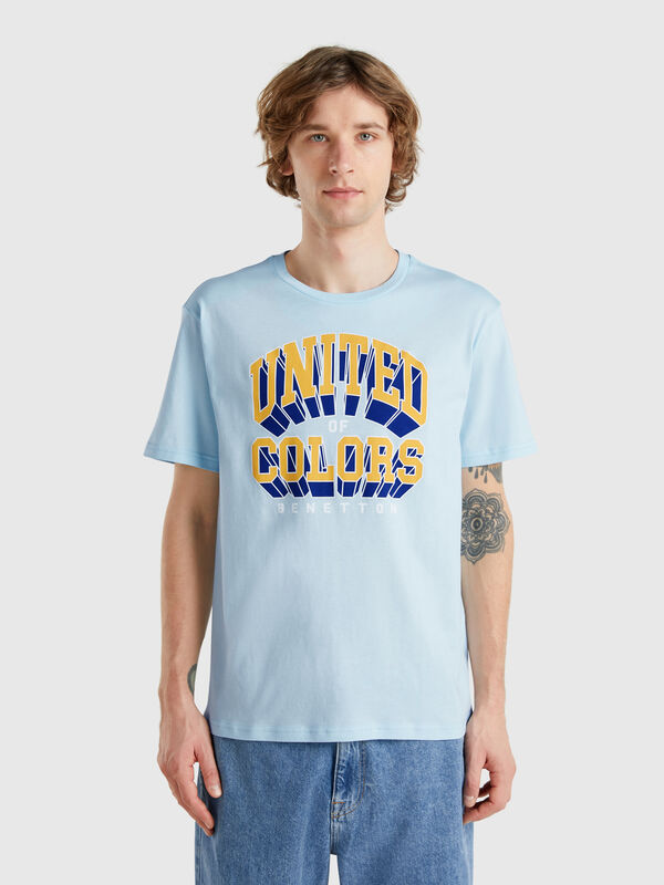 Camiseta azul clara de algodão com logótipo amarelo Homem