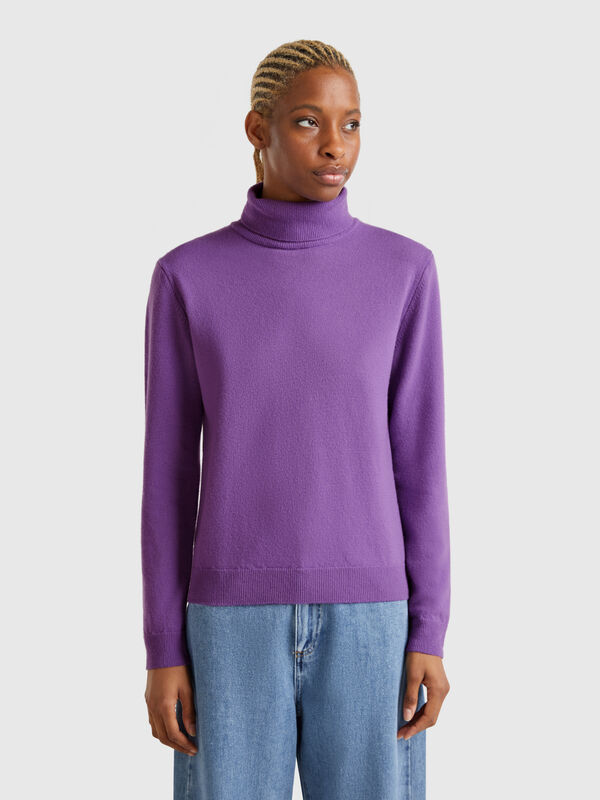 Camisola de gola alta violeta em pura lã Merino Mulher
