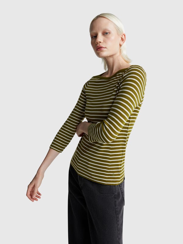 T-shirt 3/4 às riscas em algodão puro Mulher