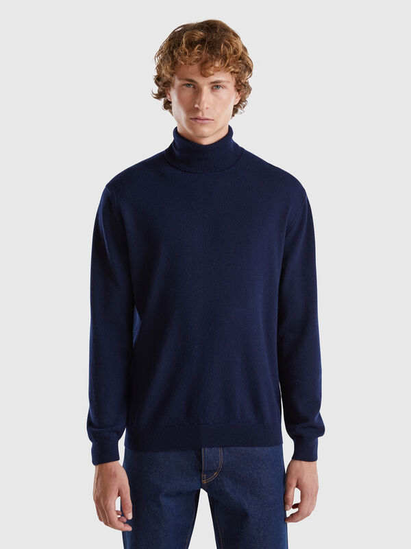 Camisola de gola alta azul meia-noite em pura lã Merino Homem