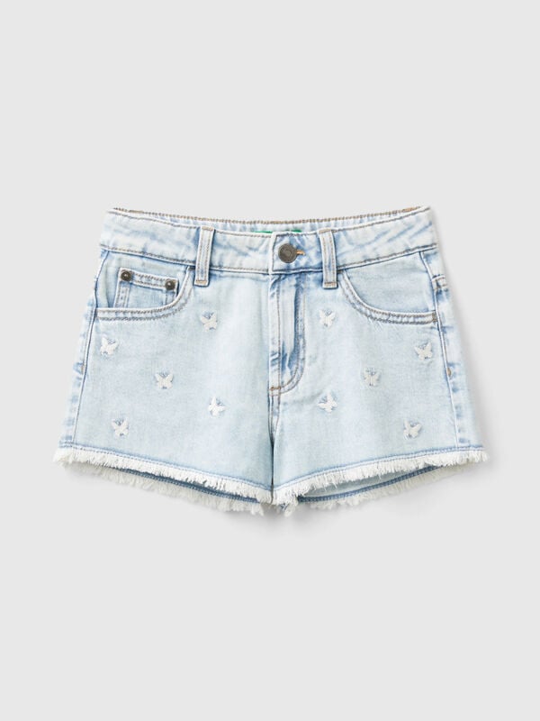 Calções de jeans com bordados borboletas Menina