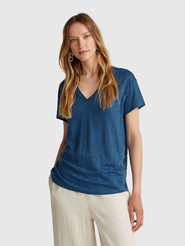 T-shirt decote em V em linho puro Mulher