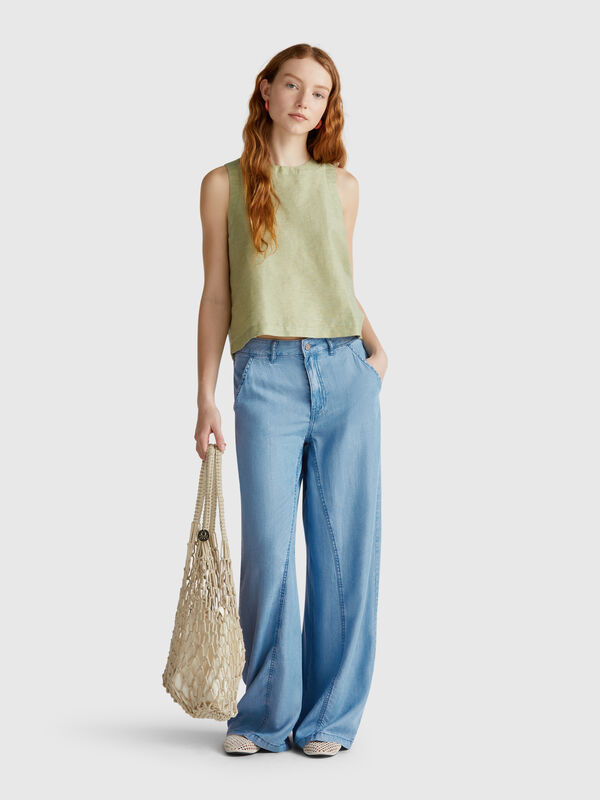 Calças amplas em chambray Mulher