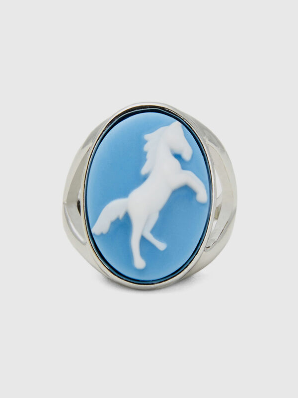 Anel azul-celeste com camafeu de cavalo Mulher