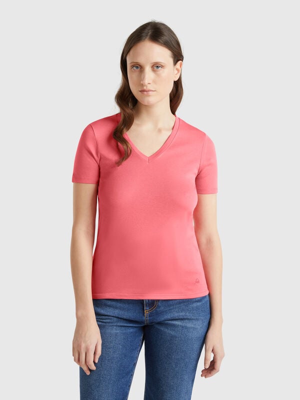 T-shirt fúcsia em algodão puro com decote em V Mulher