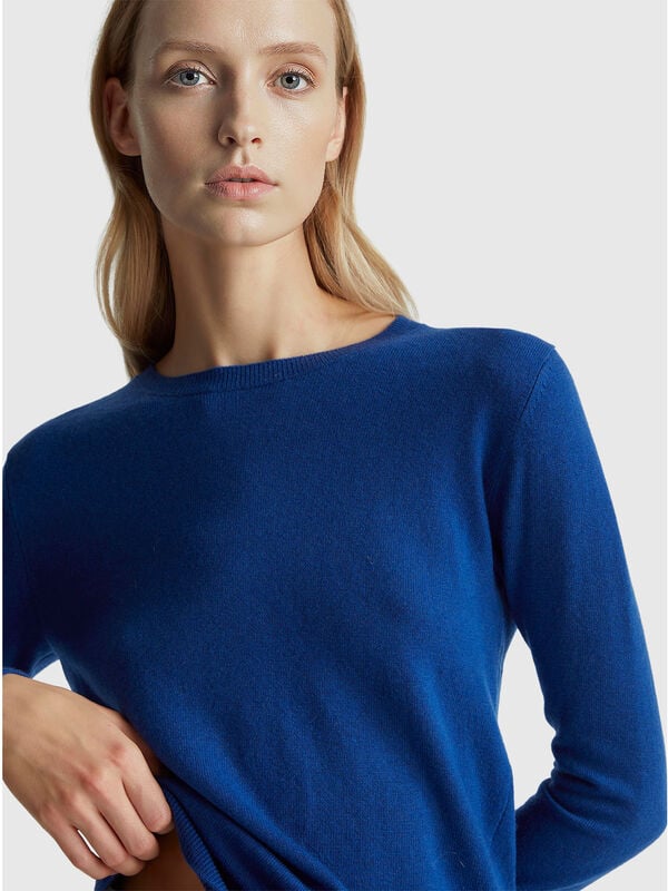 Camisola de gola redonda azul em lã Merino Mulher