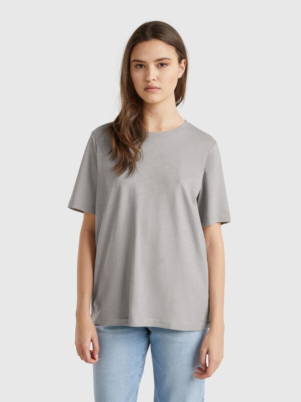 T-shirt de gola redonda em algodão flamé Mulher
