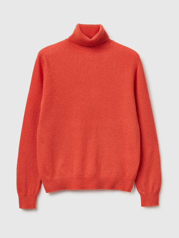 Camisola de gola alta alaranjado em pura lã Merino Mulher