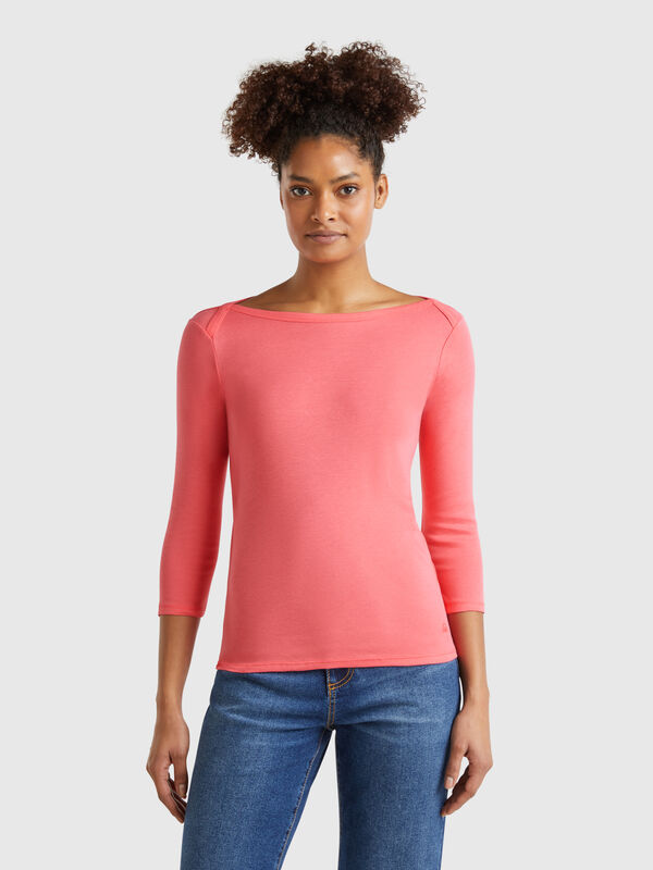 T-shirt com decote à barco 100% algodão Mulher