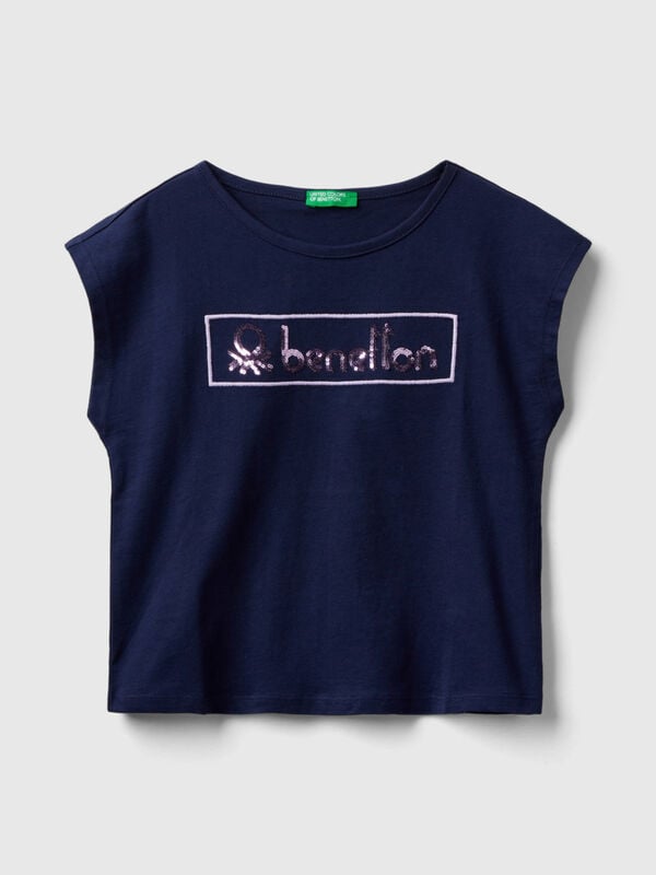 T-shirt com estampa logótipo glitter Menina