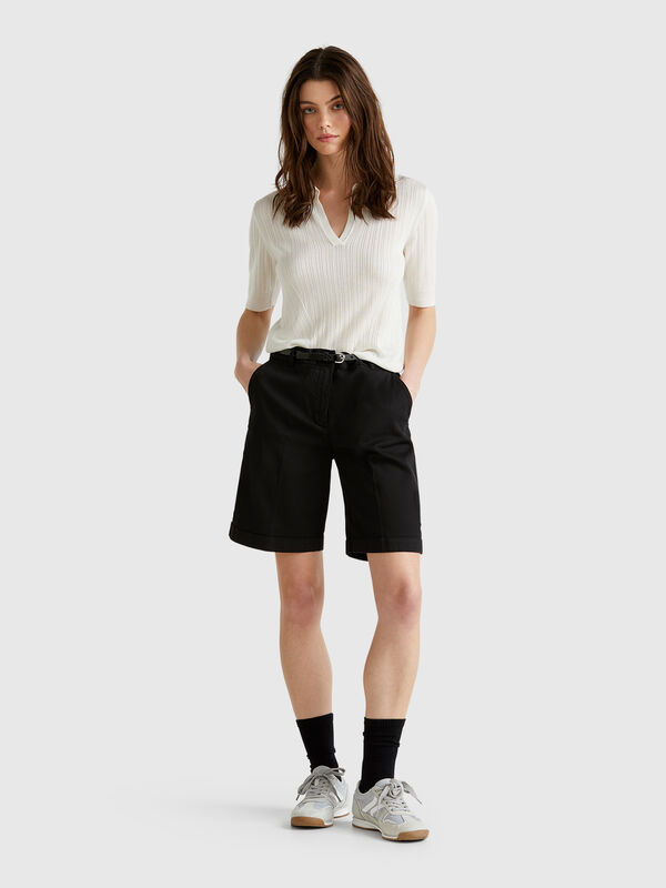 Bermudas com dobra em algodão stretch Mulher