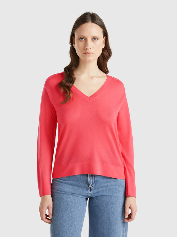 Camisola com decote em V em pura lã Merino Mulher