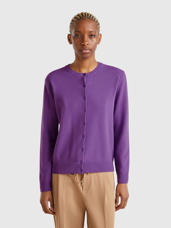 Cardigã de gola redonda violeta em pura lã Merino Mulher