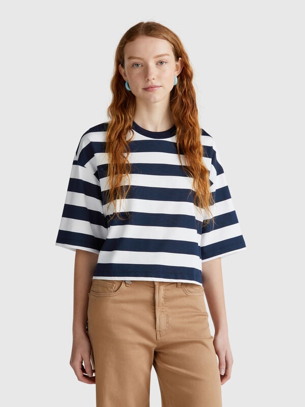 T-shirt às riscas azul e branco Mulher