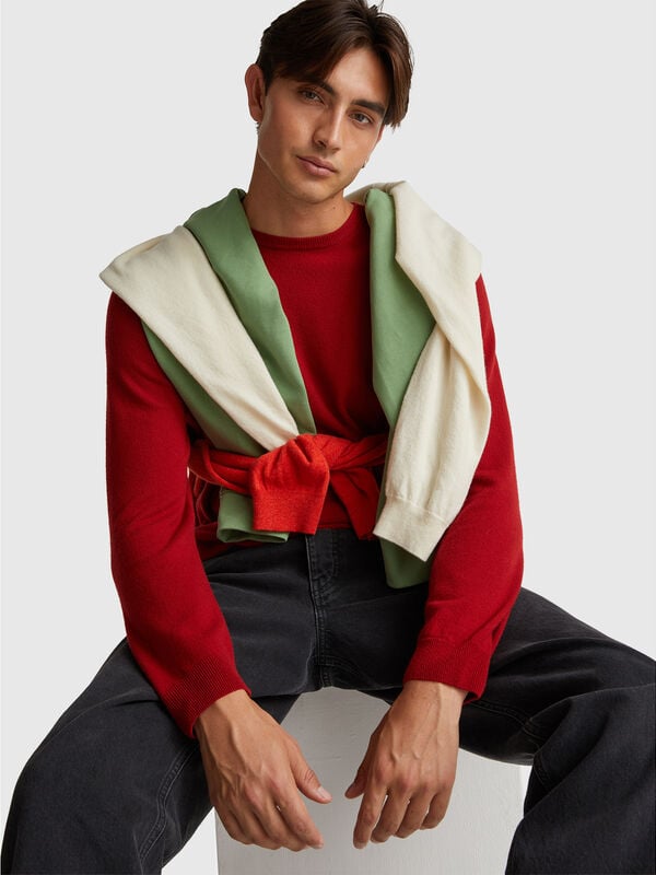 Camisola de gola redonda bordô em pura lã Merino Homem