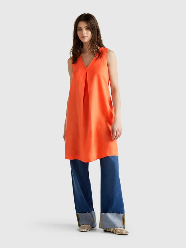 Vestido sem mangas em linho puro Mulher