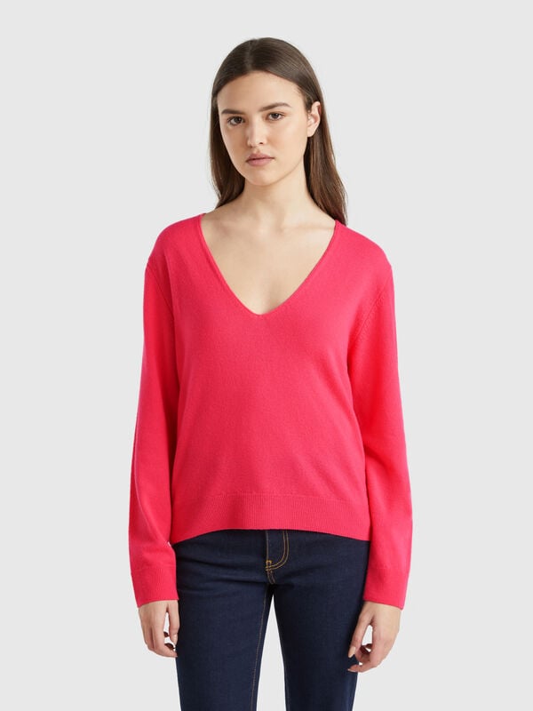 Camisola decote em V em pura lã Merino Mulher