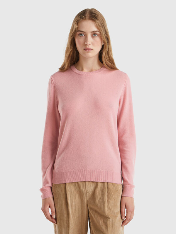 Camisola de gola redonda rosa em pura lã Merino Mulher