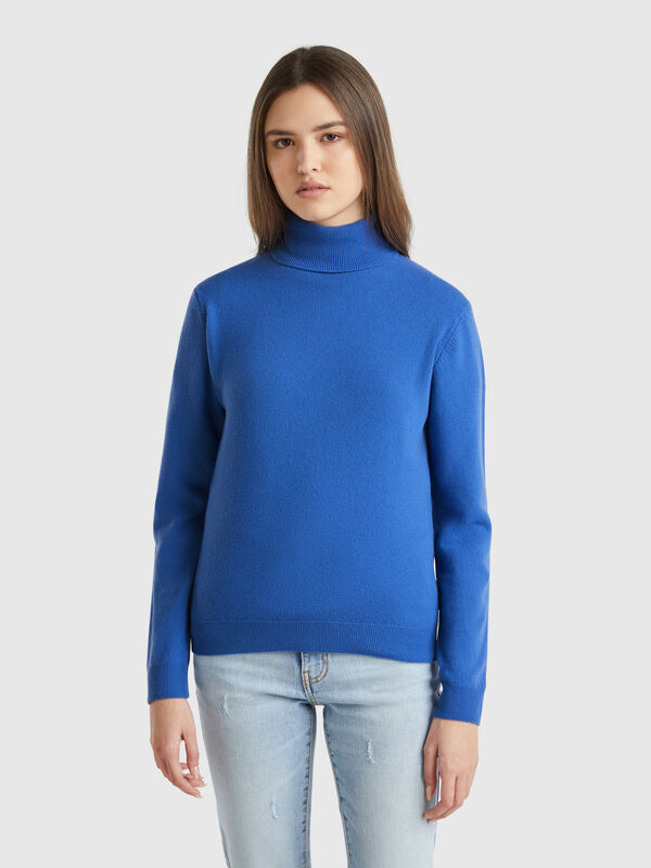 Camisola de gola alta bluette em pura lã Merino Mulher