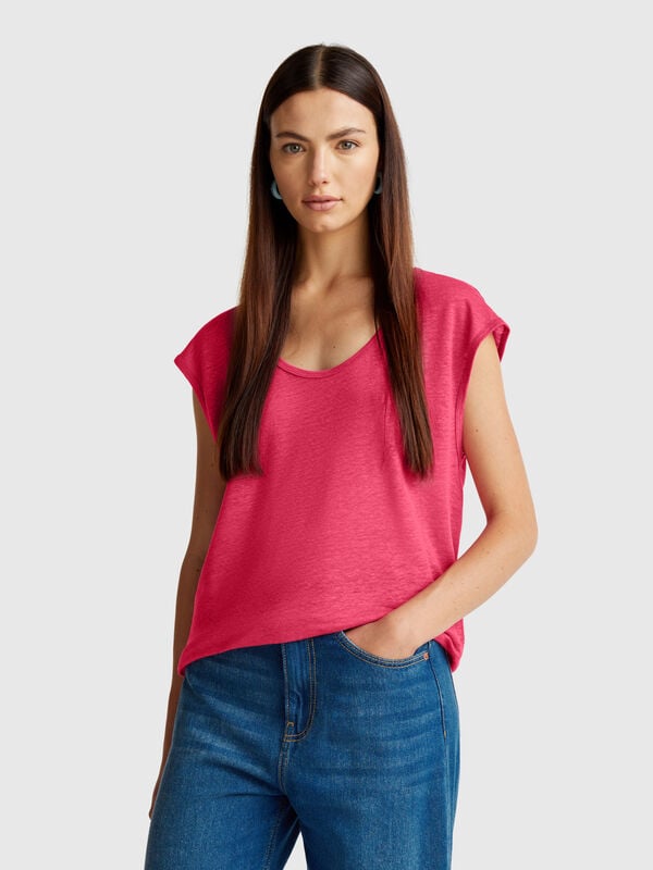 T-shirt decote amplo em linho puro Mulher