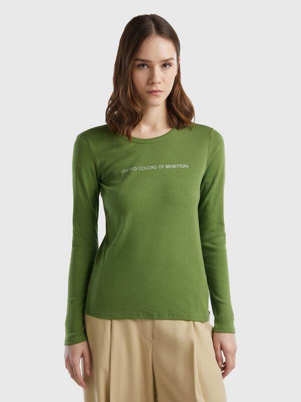 T-shirt de manga comprida 100% algodão verde militar Mulher