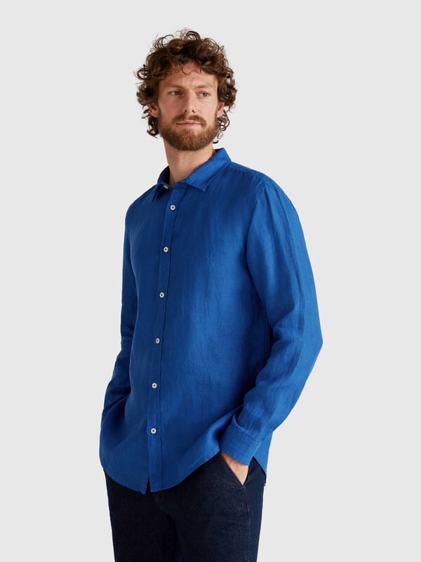 Camisa azul em linho puro Homem