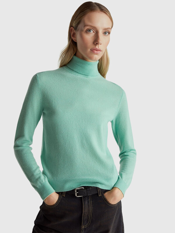 Camisola de gola alta verde claro em pura lã Merino Mulher