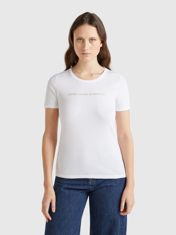 T-shirt 100% algodão com estampa logótipo glitter Mulher
