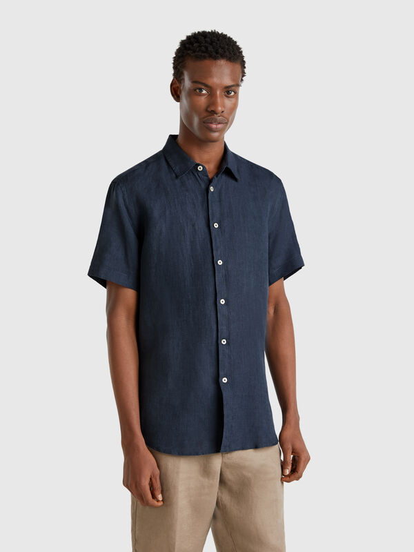 Camisa de manga curta em linho puro Homem