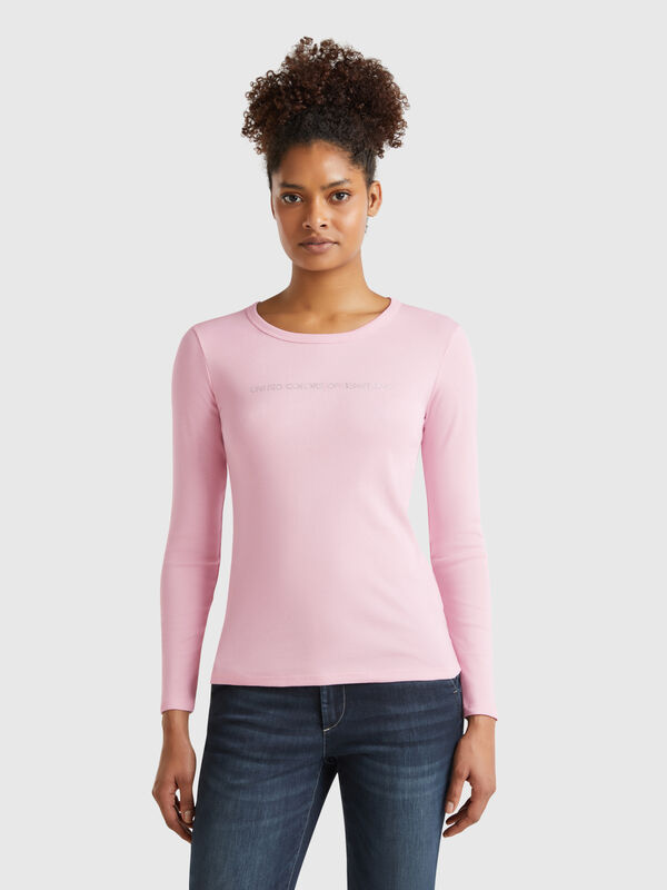 T-shirt rosa de manga comprida 100% algodão Mulher