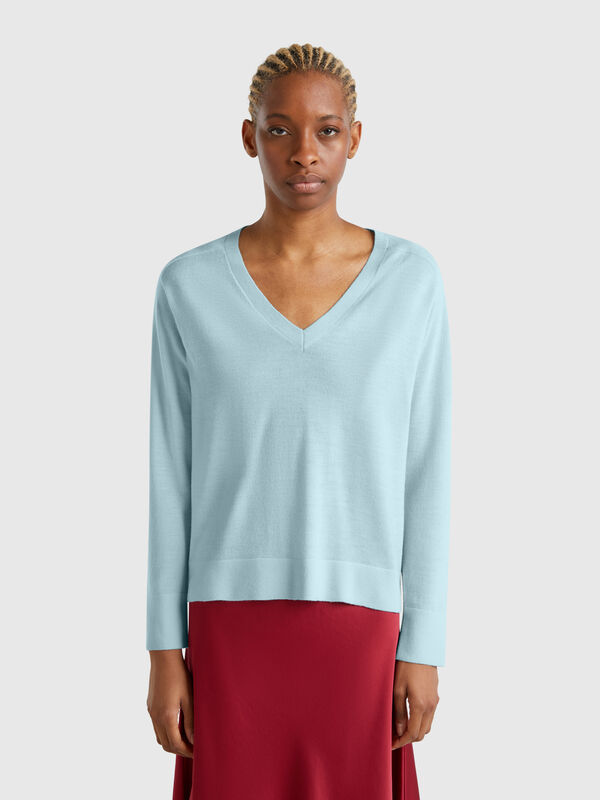 Camisola com decote em V em pura lã Merino Mulher