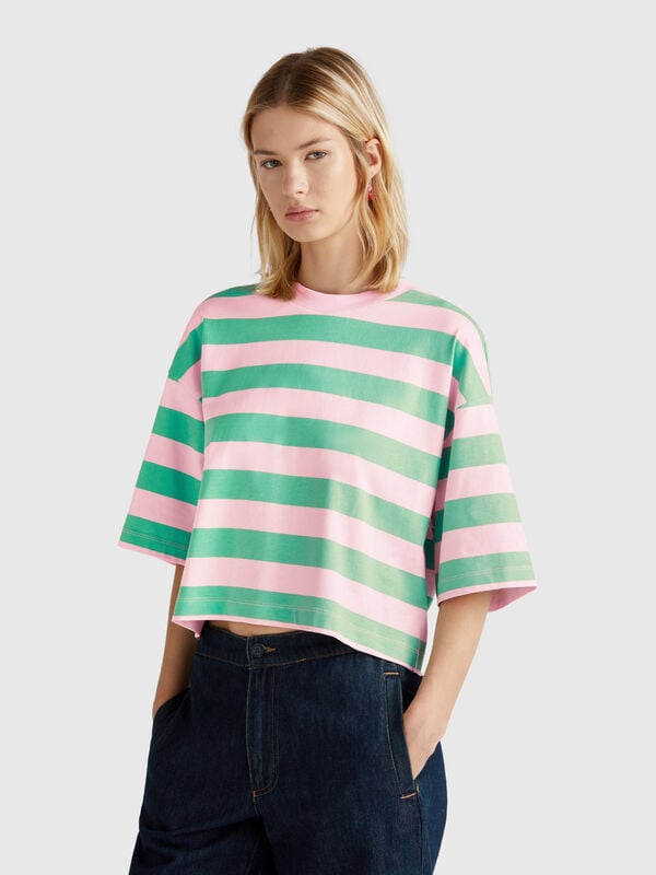 T-shirt às riscas verde e rosa Mulher