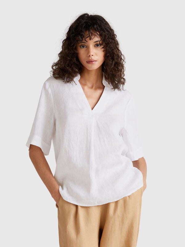 Blusa de manga curta em linho puro Mulher